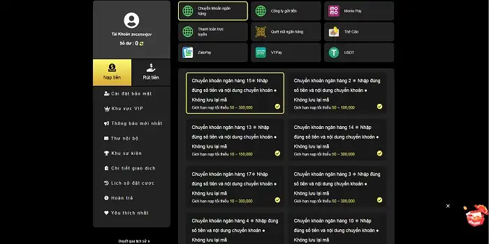 Hệ thống nạp rút tiền đa dạng