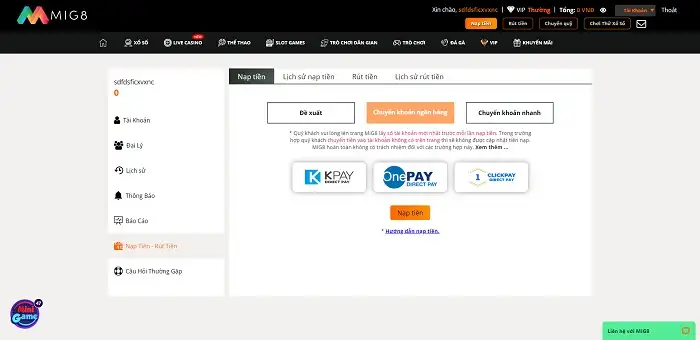 Hệ thống nạp tiền tại nhà cái MIG8